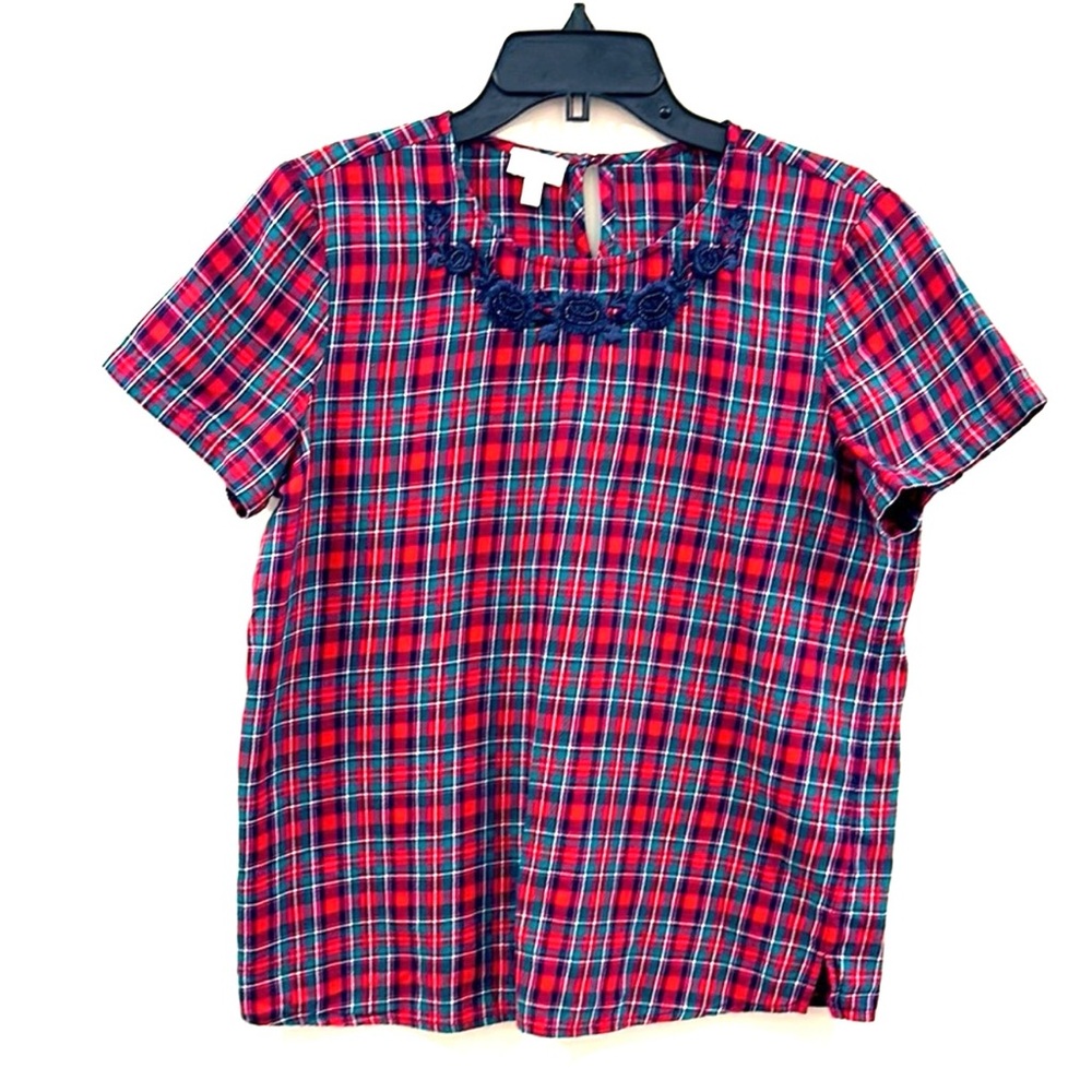 Talbots Size S 100% Cotton Red and Blue Plaid Blouse‎ with Rounded Neckline